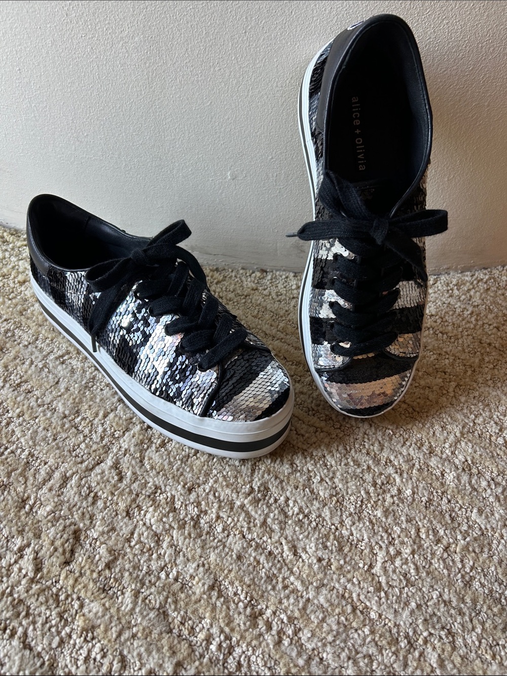 Alice + Olivia Black and Silver Sequin Platform Sneakers